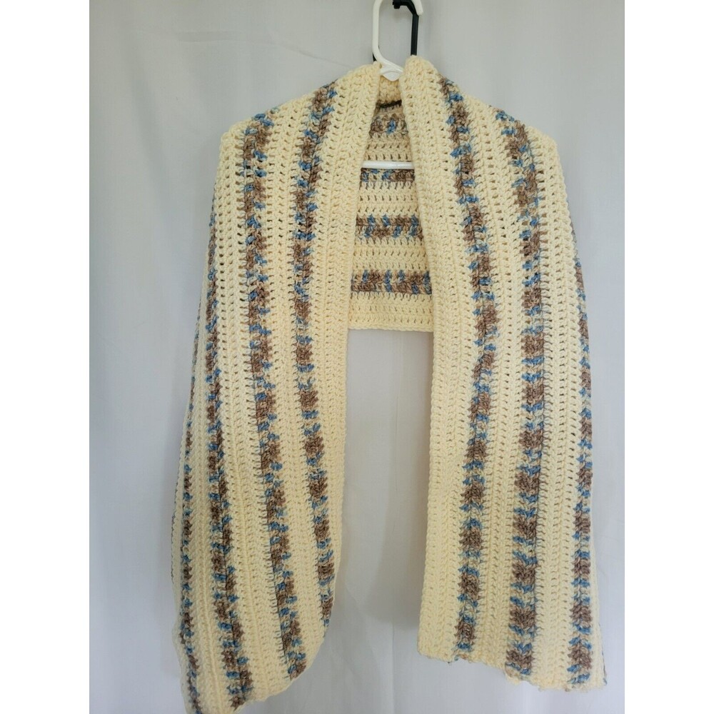 Handmade Crochet Shawl Long Scarf Wrap Neutral Colors 69"x 16.5"